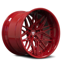RVRN RV-T081 all red deep dish forged 2-piece wheels for RAM 1500, featuring a custom multi spoke design, aggressive stance, and high-performance truck wheel styling.