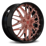 RVRN RV-T081 2-piece forged deep dish wheel for Range Rover Sport with polished rose gold spokes and gloss black barrel, custom luxury performance wheel