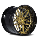 RVRN RV-T081 custom forged deep dish wheels with brushed gold spoke and chrome barrel finish, featuring a multi spoke 2-piece design for SUV and wide body performance applications.