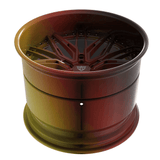Custom forged deep dish wheels RV-T081 featuring rose gold center and vibrant red yellow accent detailing for Lamborghini Huracán builds