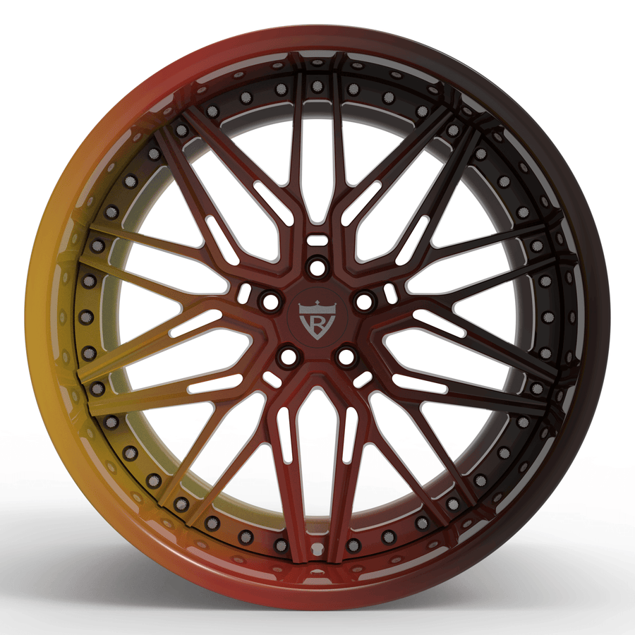 RV-T081 deep dish 3-piece forged wheel with step lip construction and red to yellow gradient accents for McLaren supercar wheel customization