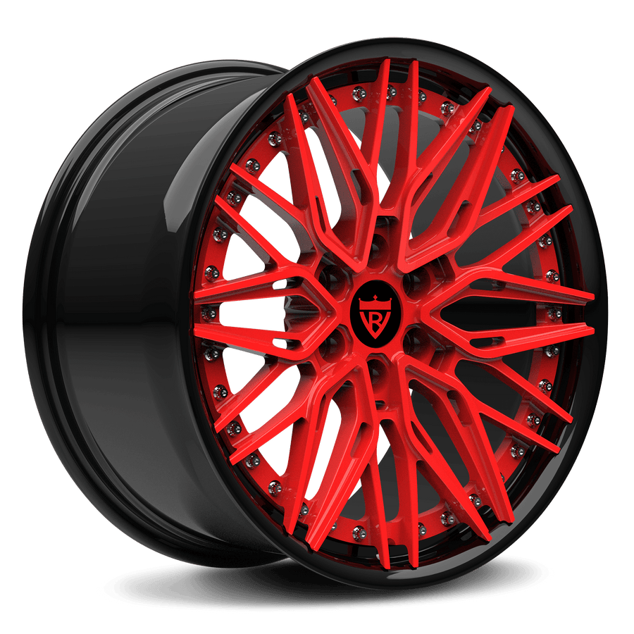 RVRN RV-T081 Y spoke forged Viper wheels with black and red finish, custom 6-lug wheels built for Dodge Viper performance applications