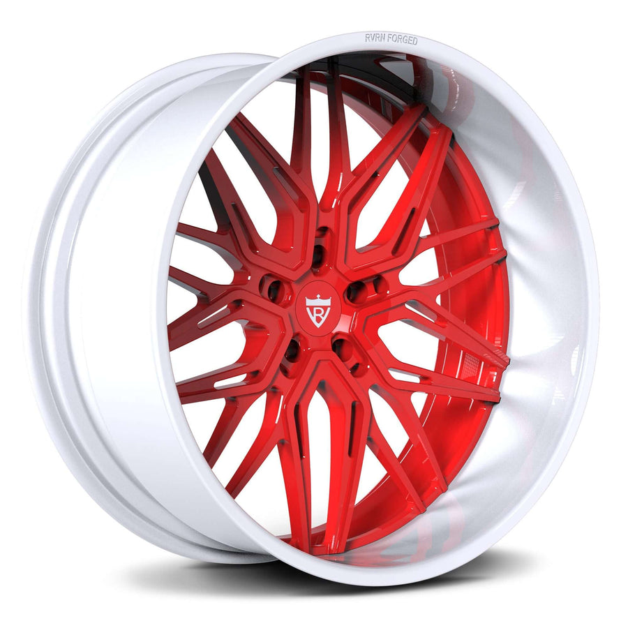 RV-T081 red with white forged GMC Sierra wheels deep lip multi spoke custom truck rims