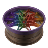 RVRN RV-TB412 forged 3 piece mesh wheels for Ford F-150 with bronze barrel and colorful rainbow spokes, custom truck performance wheel design