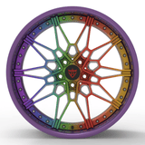 RVRN RV-TB412 forged 3 piece mesh wheels for GMC Sierra 1500 with bronze barrel and colorful rainbow spokes, custom truck wheel design
