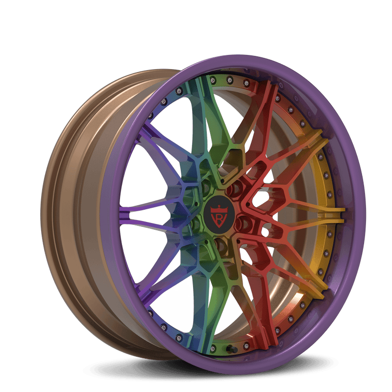 RVRN RV-TB412 forged 3 piece mesh Y spoke wheels for Dodge Charger with bronze barrel and colorful rainbow spokes, custom performance wheel design