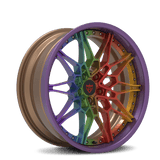 RVRN RV-TB412 forged 3 piece mesh Y spoke wheels for Dodge Charger with bronze barrel and colorful rainbow spokes, custom performance wheel design