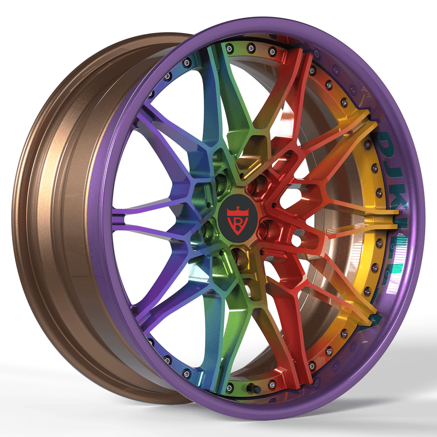 RVRN RV-TB412 forged 3 piece Y spoke wheels for Dodge Challenger with bronze barrel and rainbow spokes, custom fitment and performance wheel styling