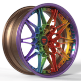 RVRN RV-TB412 forged 3 piece Y spoke wheels for Dodge Challenger with bronze barrel and rainbow spokes, custom fitment and performance wheel styling