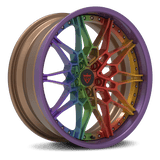 RVRN RV-TB412 3 piece forged Y spoke custom wheels for Dodge Charger, featuring a bronze barrel, colorful rainbow spokes, and a distinctive performance design