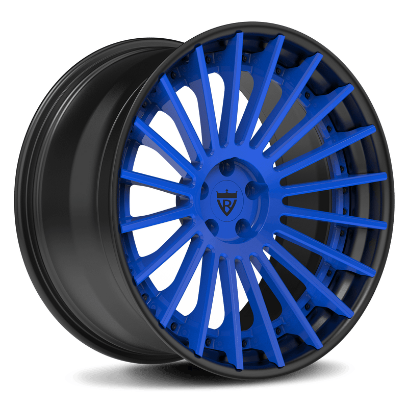 RVRN RV-TR66 custom forged blue multi spoke wheels for Chevrolet performance builds in blue with black finish