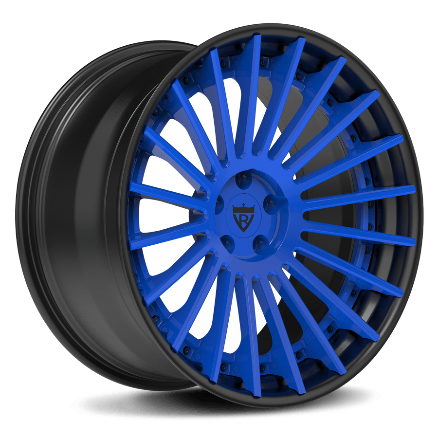 RVRN RV-TR66 custom forged blue multi spoke wheels for Chevrolet performance builds in blue with black finish