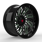 Custom forged monoblock deep dish wheel RV-M028 with unique black and green design for trucks and pickups.
