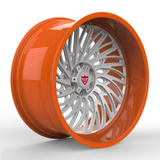 Custom forged monoblock deep dish wheel in vibrant orange finish, designed for trucks, pickups, and 4x4 vehicles.