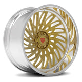Custom forged monoblock deep dish wheel with intricate gold design for trucks, SUVs, and luxury cars like Mercedes and BMW.