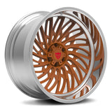 Custom forged monoblock deep dish wheel RV-M028 in chrome with intricate orange design for trucks and pickups.